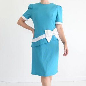 Vintage Halmode  Petite Teal Short Sleeve A-Line Crewneck Dress